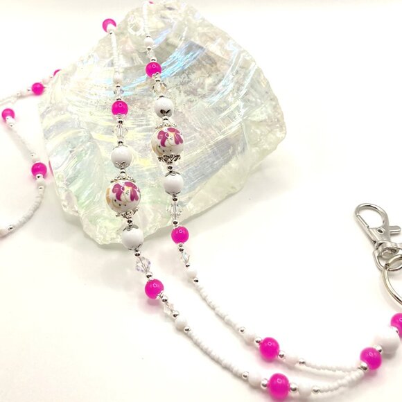 Dark Pink Flower, Beaded Lanyard for, Badge, ID Holder, Keychain - Picture 4 of 5